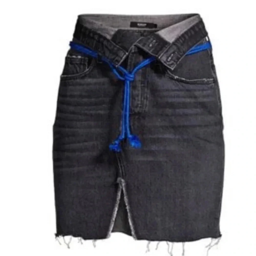 New Hudson Sloan Denim Skirt Fold Down belt raw edge high waist mini pencil jean